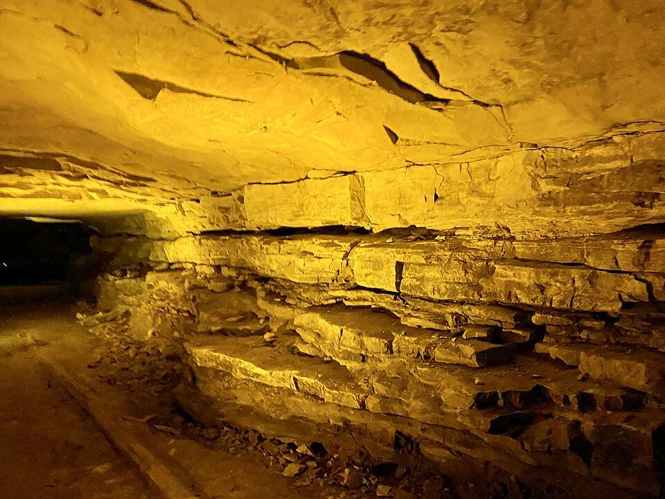 The lit passage beyond Mammoth Cave's historic entrance