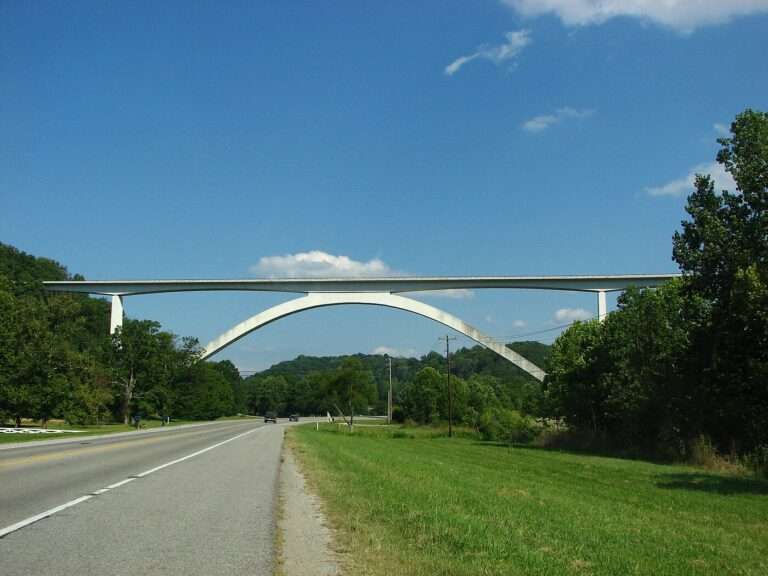 The Natchez Trace Parkway's double-arch bridge spanning the valley over Highway 96 near Franklin