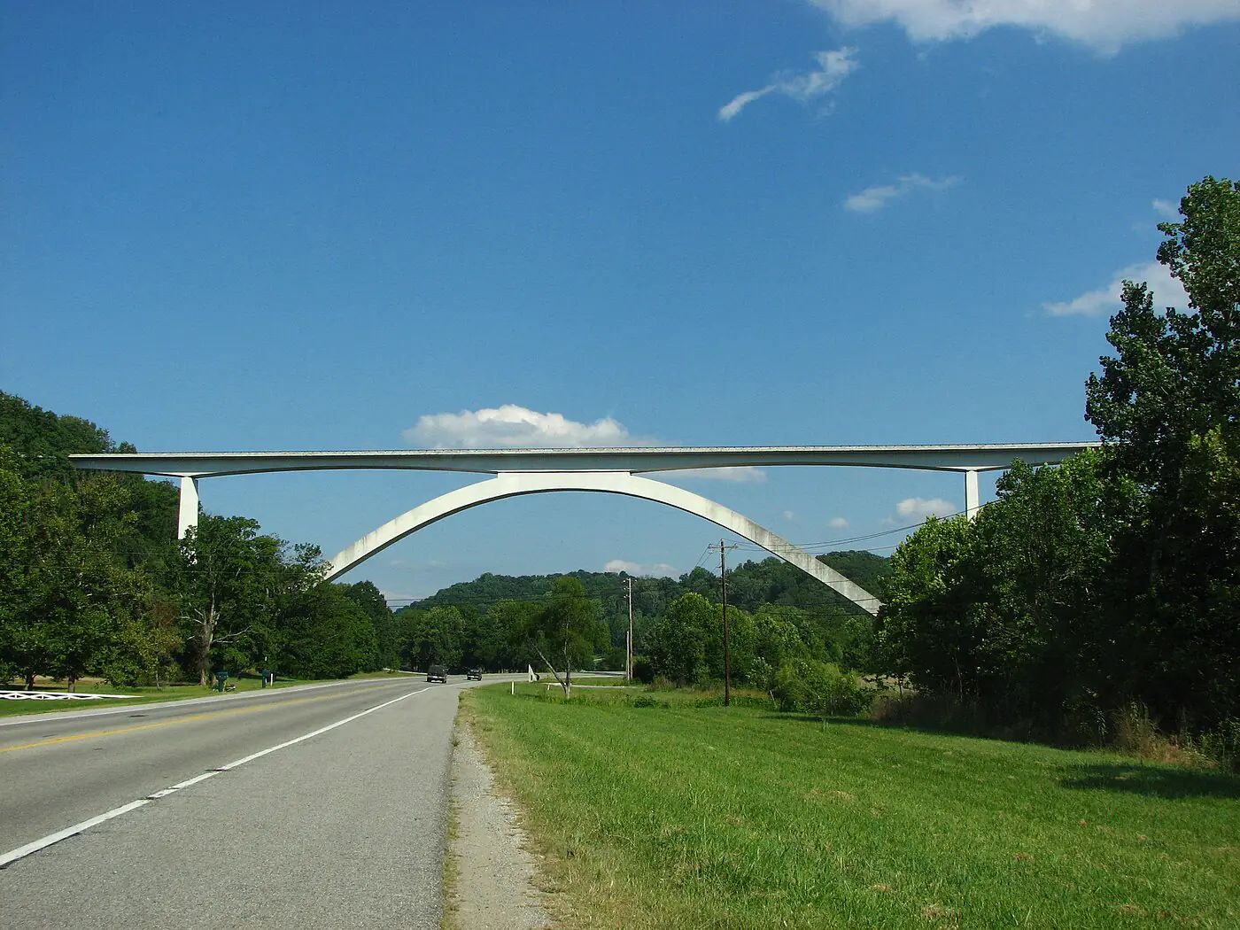 The Natchez Trace Parkway's double-arch bridge spanning the valley over Highway 96 near Franklin